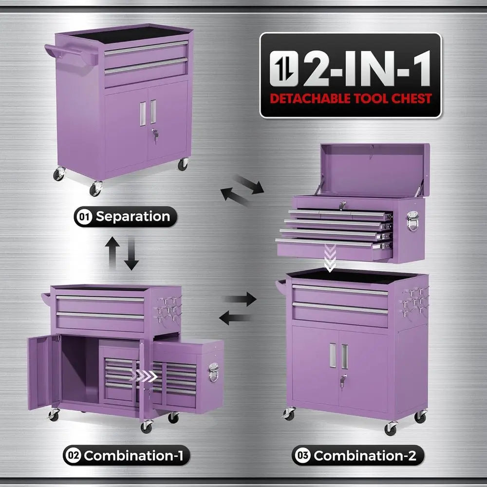Heavy-Duty Steel Rolling Tool Chest with Detachable Top and Locking Wheels for Secure Garage Storage and Organization
