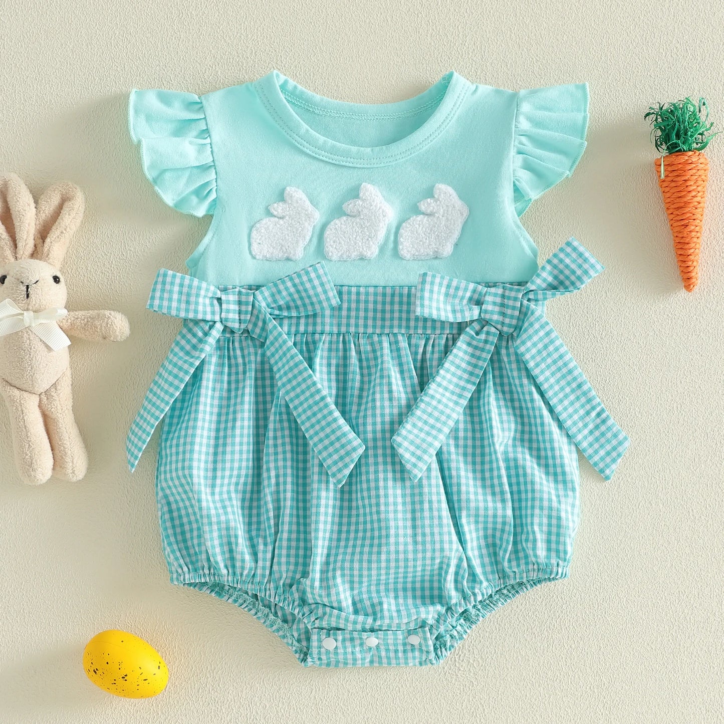 Toddler Girl Floral Ruffle Sleeve Romper with Bunny Embroidery and Bow Detail Adorable Easter Outfit for Spring and Summer