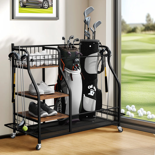 Rolling Golf Storage Rack Garage Organizer Metal Sports Equipment Shelves with Lockable 360° Wheels
