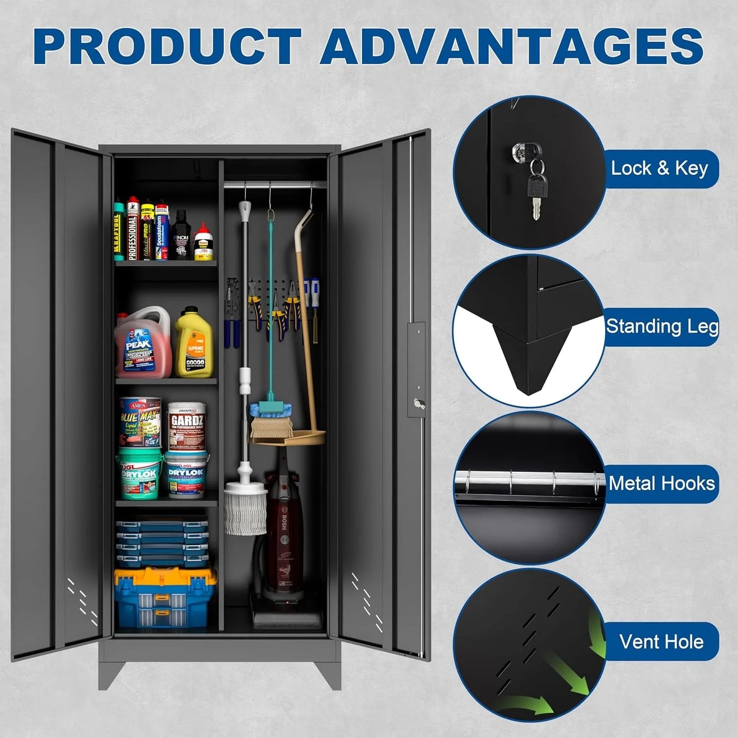 Black Metal Storage Cabinet with Lock, Pegboard & Hanging Rod for Garage Broom Closet, Custom