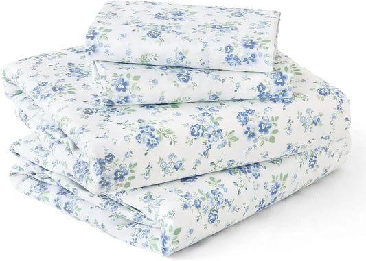 Queen Size 4-Piece Sheet Set, Soft Breathable Bedding with Deep Pocket Up to 16", Wrinkle-Free & Cooling - Blossoms Light Blue