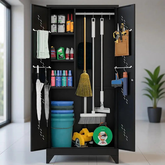 75 Heavy-Duty Metal Storage Cabinet with Lock, Hanging Rod & S-Hooks for Garage Organization