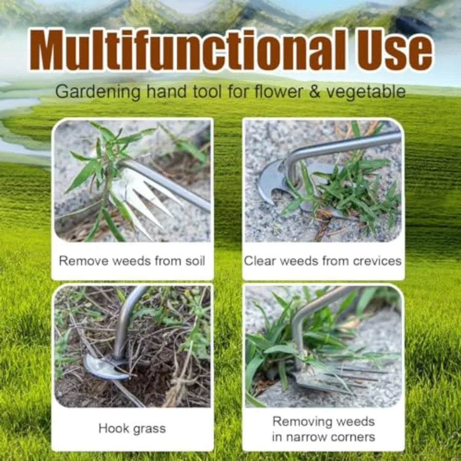 Manual Weed Puller Tool 4-Claw Steel Head Wooden Handle Hand Garden Weeder