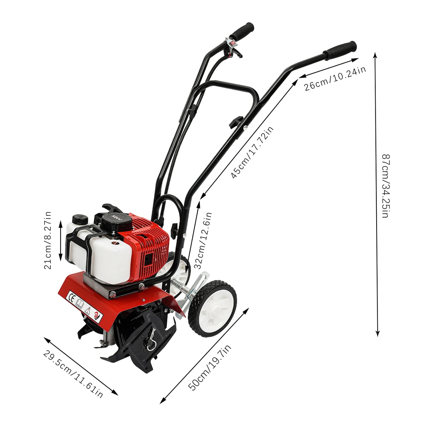 52CC 1.9KW 2-Stroke Gasoline Tiller 4 Manganese Steel Blades 11.8in Width Stock for Yard Garden
