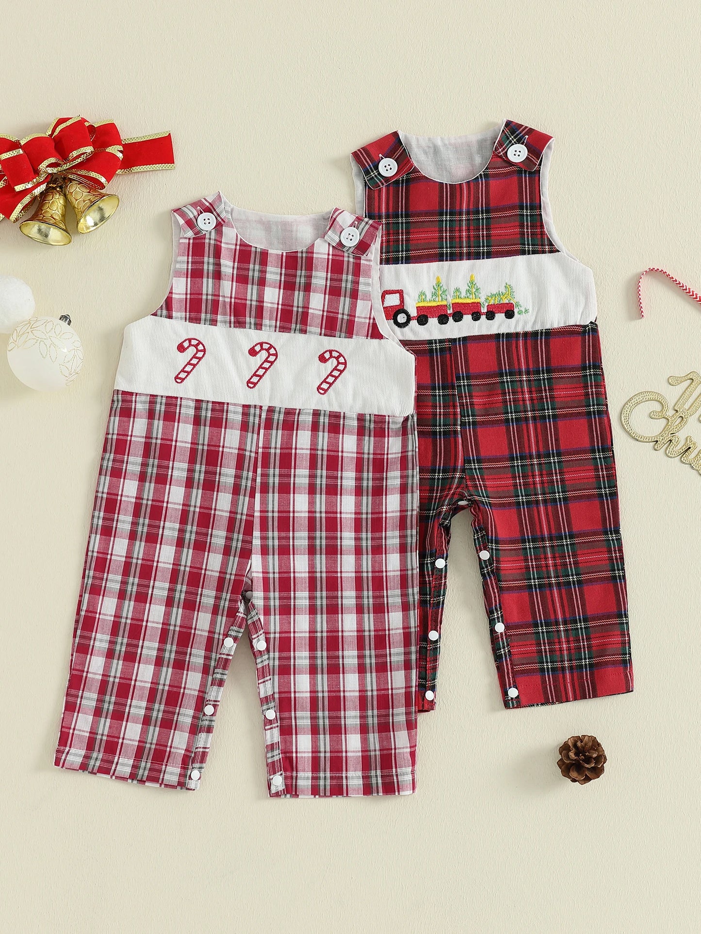 Baby Boy Christmas Romper Loose Fit Embroidered Plaid Crew Neck Sleeveless Infant Boy Jumpsuit