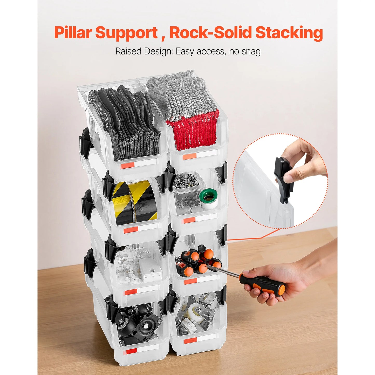SucceBuy 8 Pack Plastic Stackable Boxes Storage Bins Transparent/Black Small Parts Containers for Closet Accessories Organizing