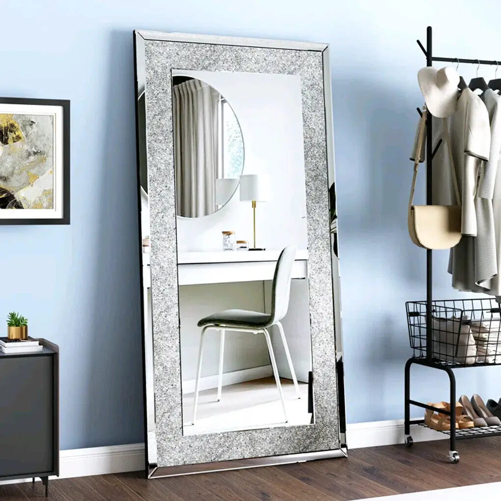 Large Silver Sparkly Crystal Rhinestone Diamond Frameless Vanity Mirrors Wall Mounted Dressing Mirror for Home/Hotel