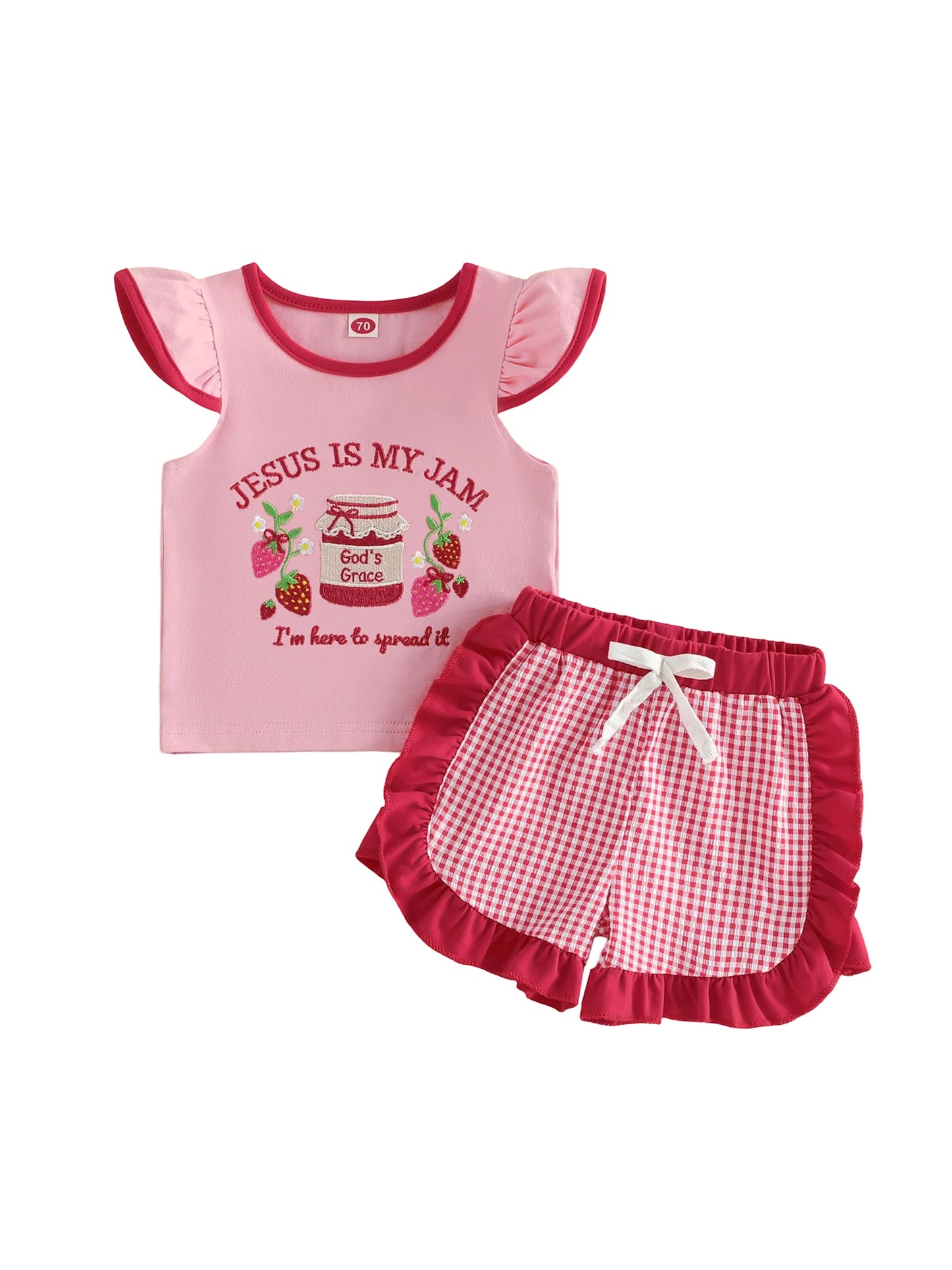 Adorable Infant Girl s Summer Ensemble with Cute Strawberry Embroidered Flutter Sleeve Blouse and Plaid Shorts with Ruffle