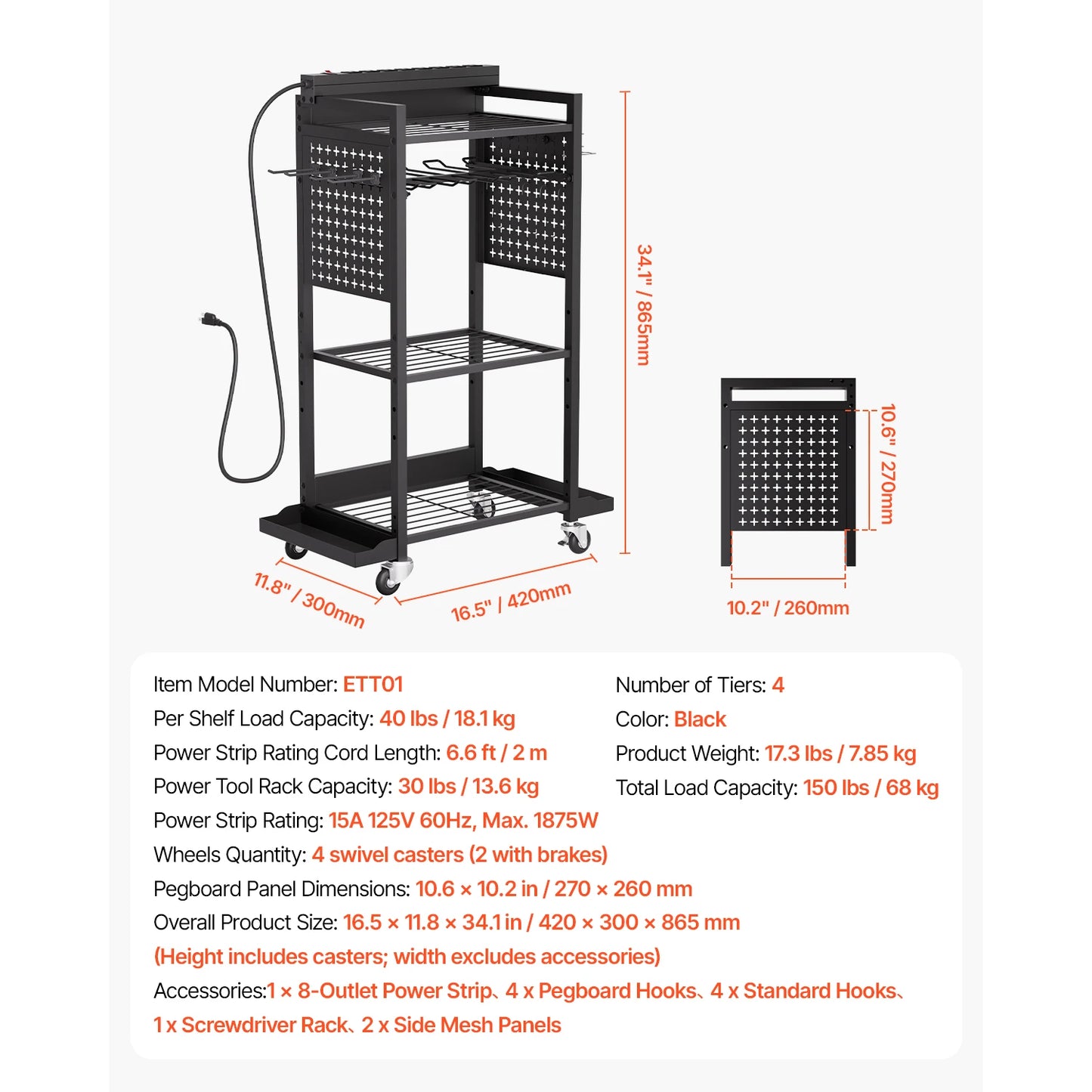 SucceBuy 4-tier Tool Organizer Cart with Charging Station AC Outlet Floor Stand Rolling Storage Drill Holder for Workshop Garage
