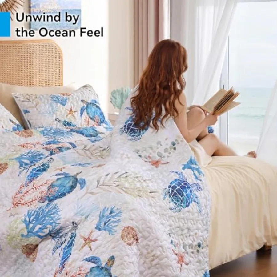 Coastal Quilt Set Size - Ocean Print Lightweight Soft Microfiber Summer Comforter with 2 Pillow Cases - Bedding Coverlet Decor