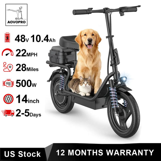 AOVORPO Electric Scooter for Adults,14" Tires, Up to 22Mph, 500W Motor, 28 Miles Max Range, Folding E-Bike with Dual Suspension