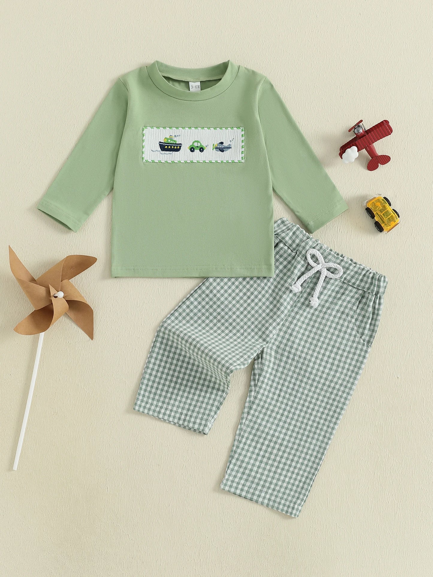 Cute Toddler Boy Autumn Outfit with Airplane and Boat Embroidery Long Sleeve Pullover and Plaid Pants with Elastic Waist