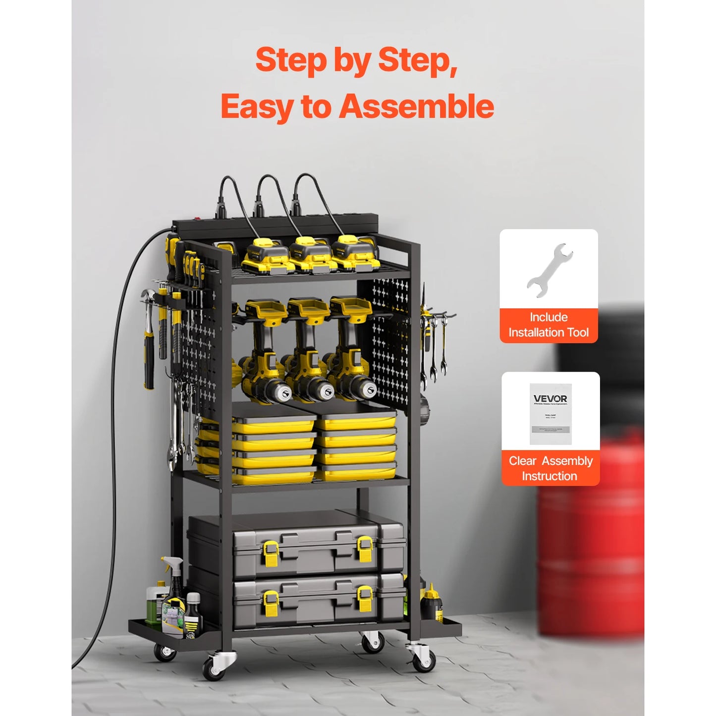 SucceBuy 4-tier Tool Organizer Cart with Charging Station AC Outlet Floor Stand Rolling Storage Drill Holder for Workshop Garage