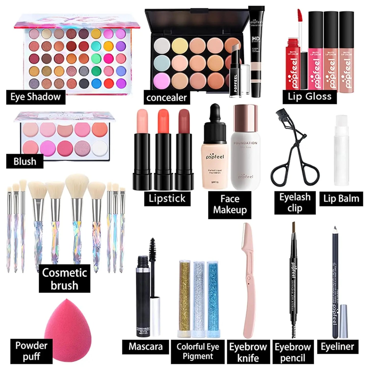 All-in-One Holiday Makeup Set with Eyeshadow, Lipstick, Concealer, Blush, Mascara & Foundation - Essential Starter Kit for Women