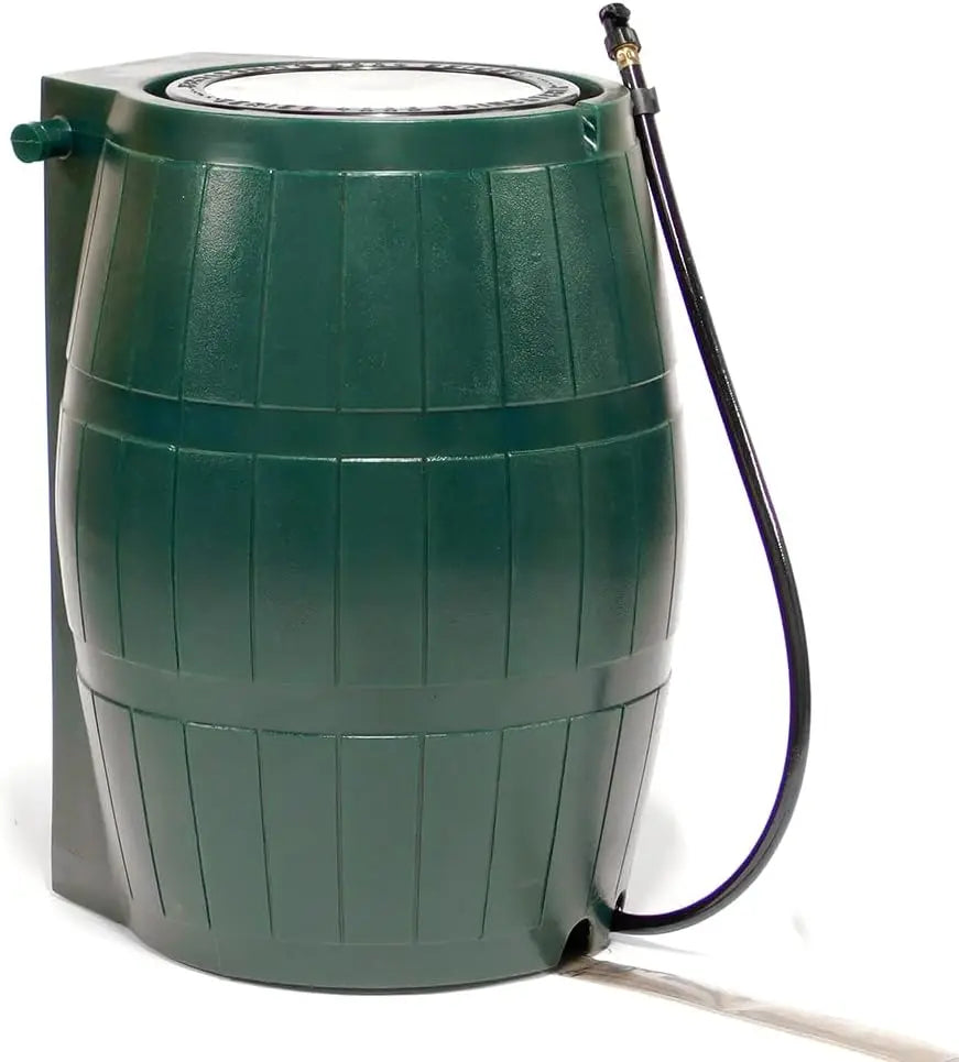 FCMP Outdoor Raincatcher 4000, Flat-Back RainRainwaterContainer w Side SpigotsMesh Screen Garden and Overflow Hose & Linking Kit