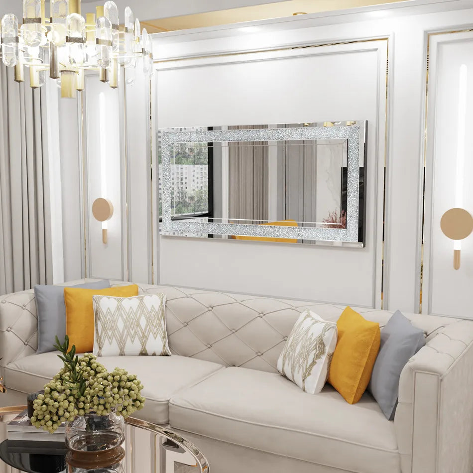Large Silver Sparkly Crystal Rhinestone Diamond Frameless Vanity Mirrors Wall Mounted Dressing Mirror for Home/Hotel