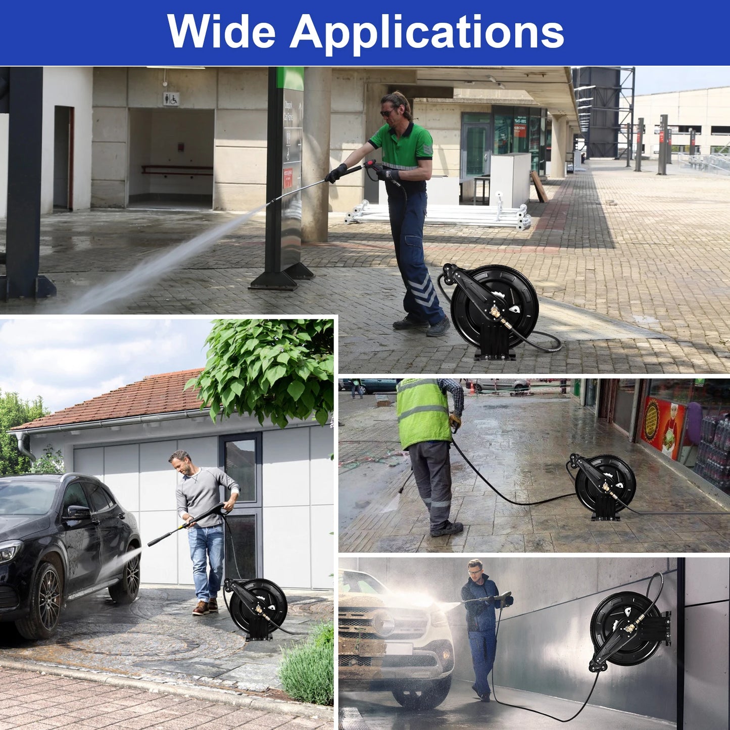 Heavy Duty 4000 PSI Pressure Washer Hose Reel, 0.59in X 50 FT Auto Rewind Retractable Power Washer Hose Reel, Double Arm Steel Construction Wall Ceiling Floor Mount for Cleaning Yard Garden Patio Car