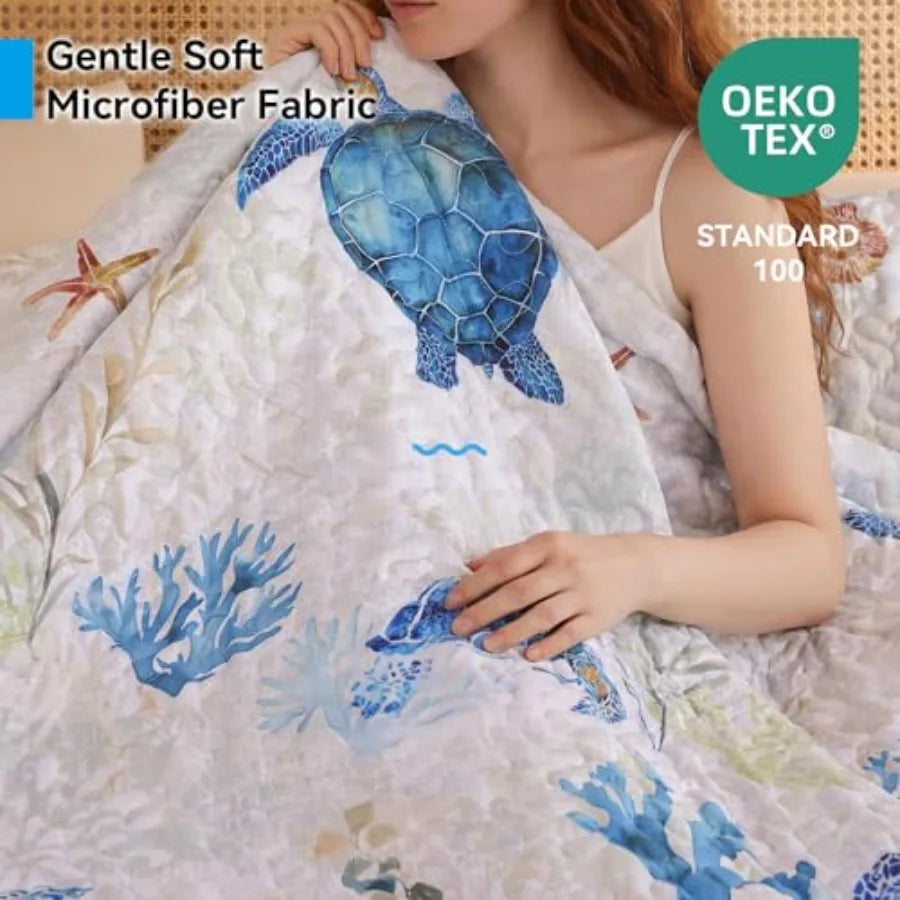 Coastal Quilt Set Size - Ocean Print Lightweight Soft Microfiber Summer Comforter with 2 Pillow Cases - Bedding Coverlet Decor