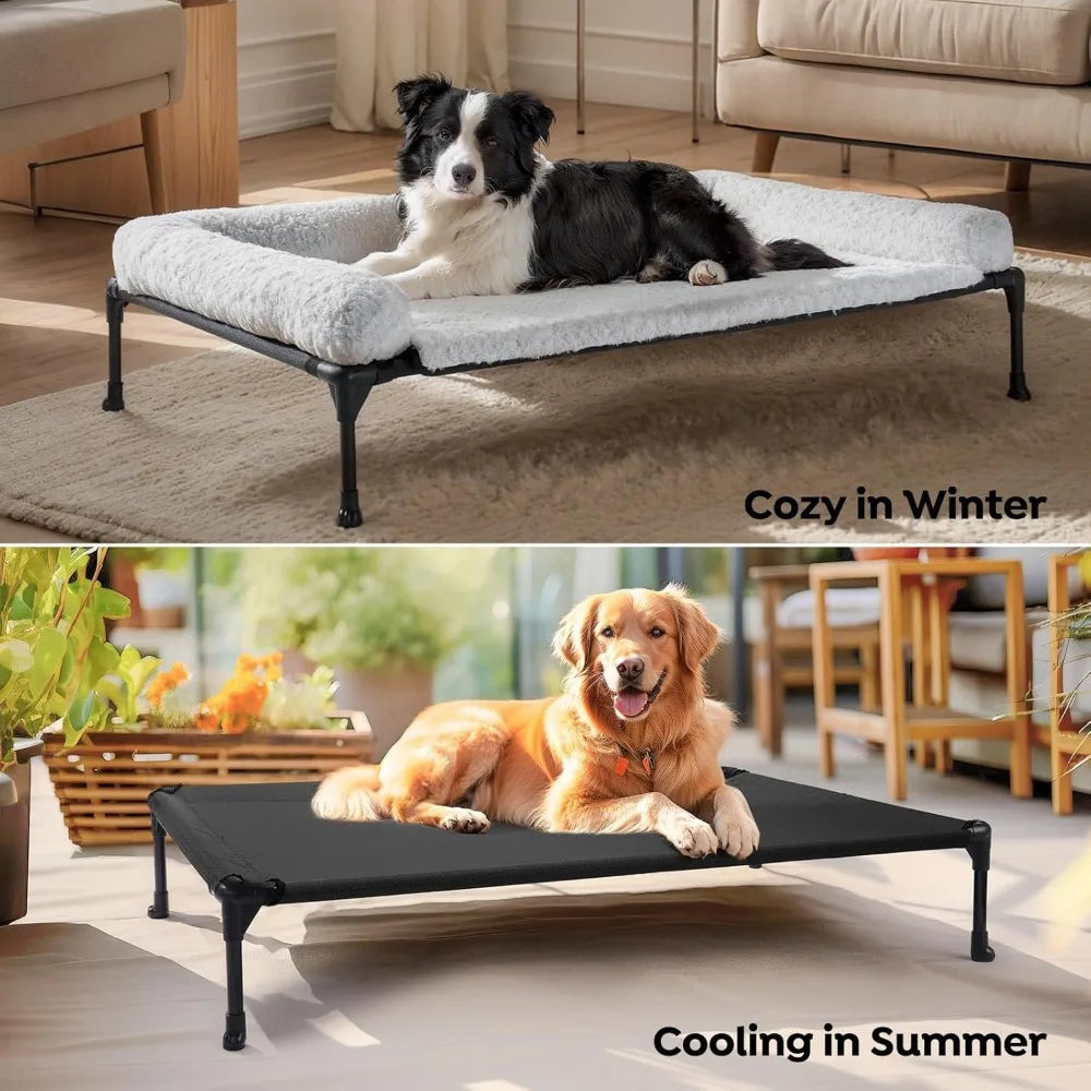 veehoo cooling elevated dog bed add removable deluxe rose plush bolster cushion mat, 41" x 27" washable dog couch bed, raised pe