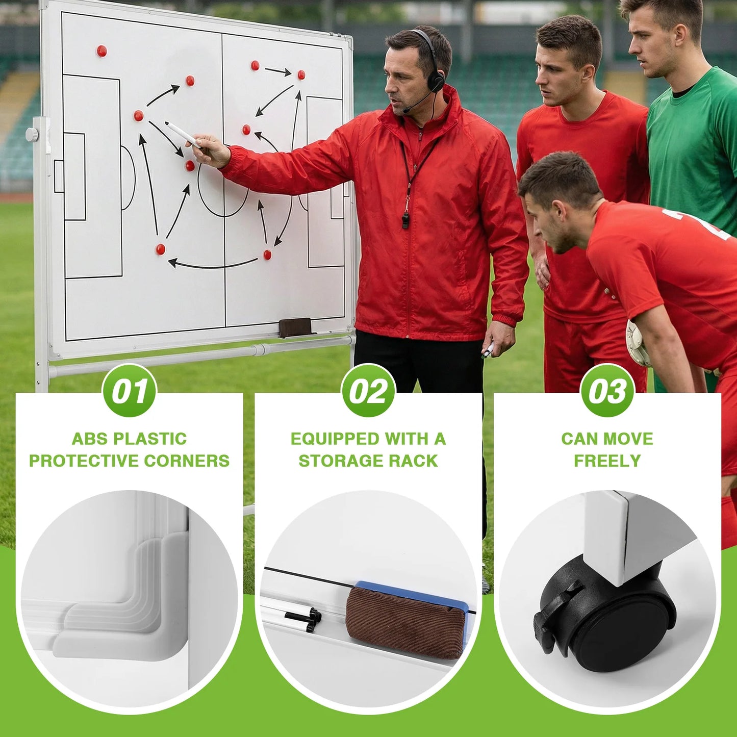 Double-Sided Dry Erase Board 360 Degree Reversible Soccer Board Height Adjustable with Magnets Pen & Eraser for Coaches