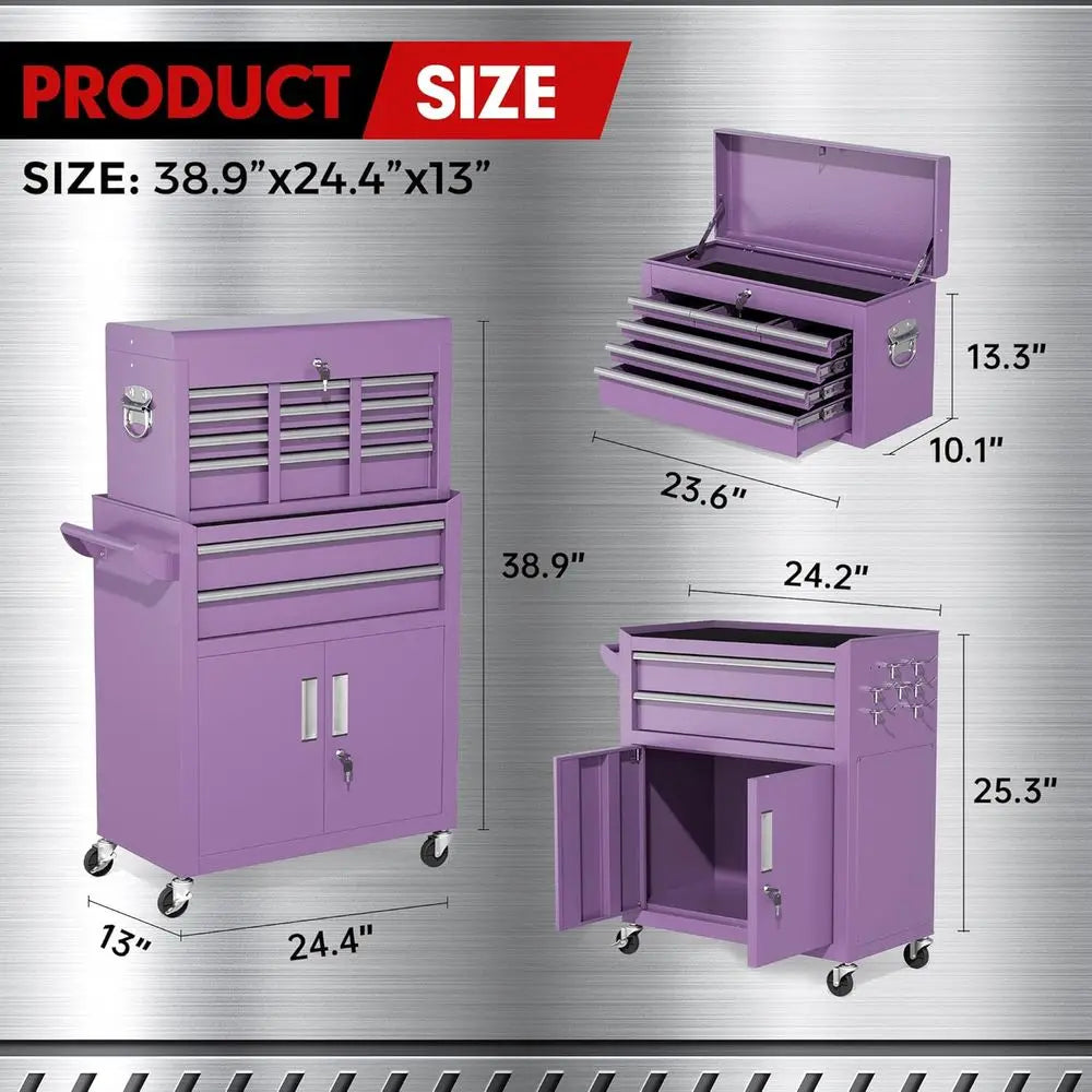 Heavy-Duty Steel Rolling Tool Chest with Detachable Top and Locking Wheels for Secure Garage Storage and Organization
