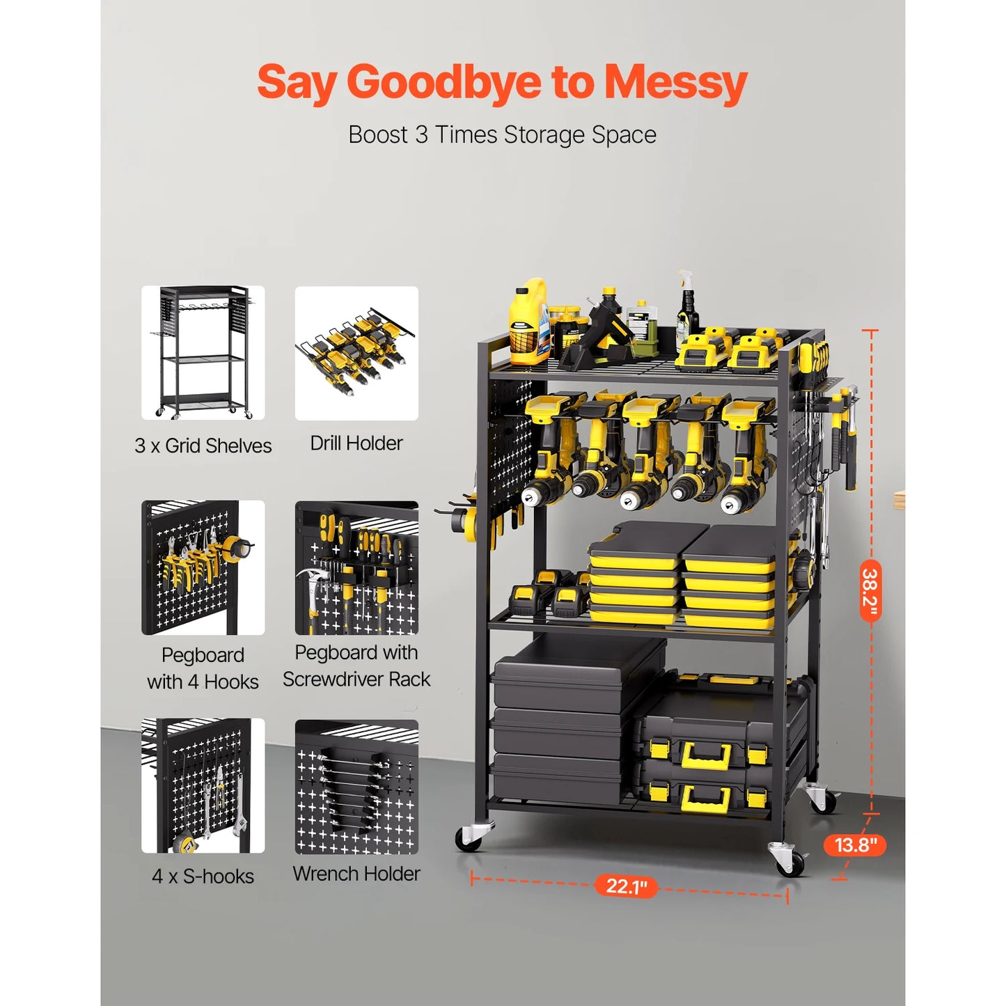 VEVOR 4-tier Rolling Tool Organizer Cart 150 lbs Garage Floor Stand Storage Cart on Wheels Drill Holder Rack for Workshop
