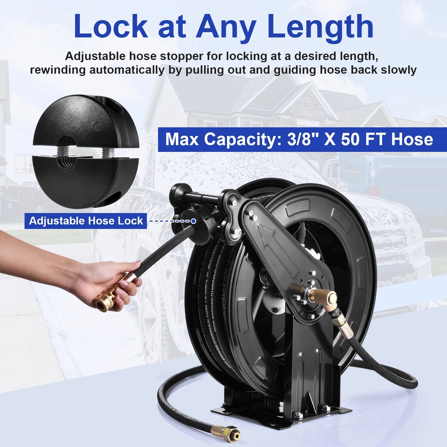 Heavy Duty 4000 PSI Pressure Washer Hose Reel, 0.59in X 50 FT Auto Rewind Retractable Power Washer Hose Reel, Double Arm Steel Construction Wall Ceiling Floor Mount for Cleaning Yard Garden Patio Car