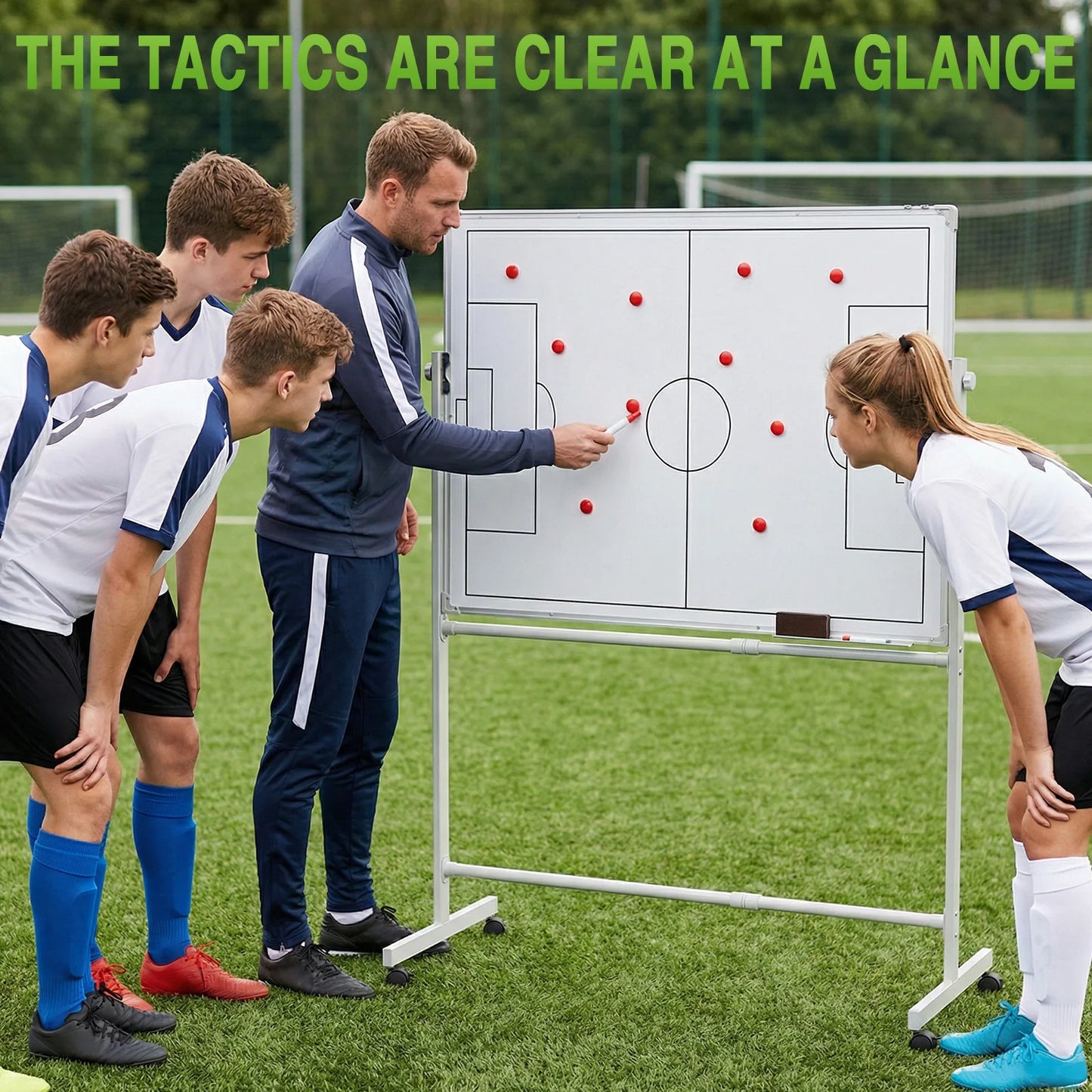 Double-Sided Dry Erase Board 360 Degree Reversible Soccer Board Height Adjustable with Magnets Pen & Eraser for Coaches