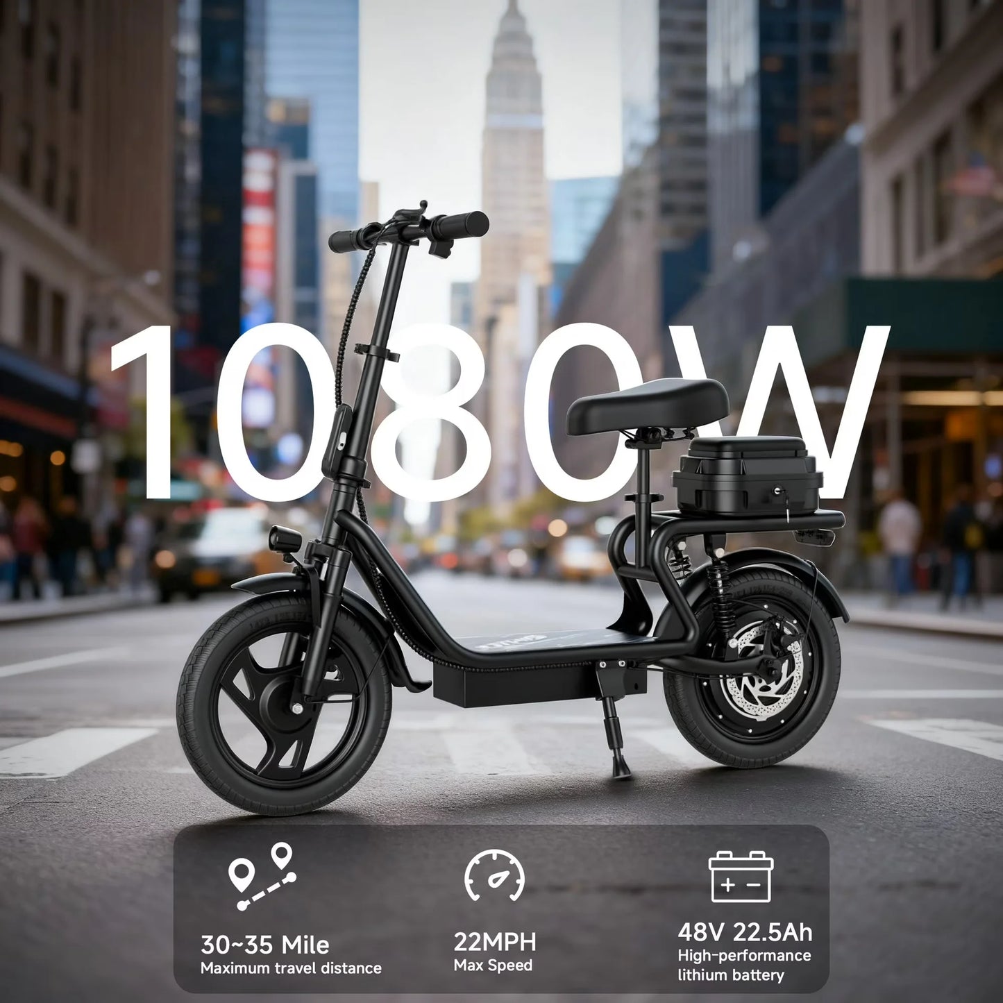 14'' Electric Scooter for Adults with Seat, 22MPH Top Speed, 48V 10.4Ah/22.5Ah Long-Range Battery, Up to 55 Miles, Dual Suspension, Foldable Design & Cargo Basket