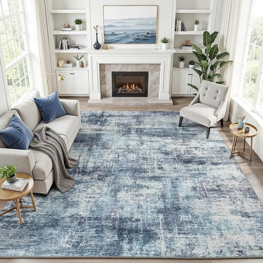 8x10 Area Rug for Living Room, Blue Abstract Large Rugs with NonSlip Backing, Neutral Modern Washable Carpet for Bedroom Dining