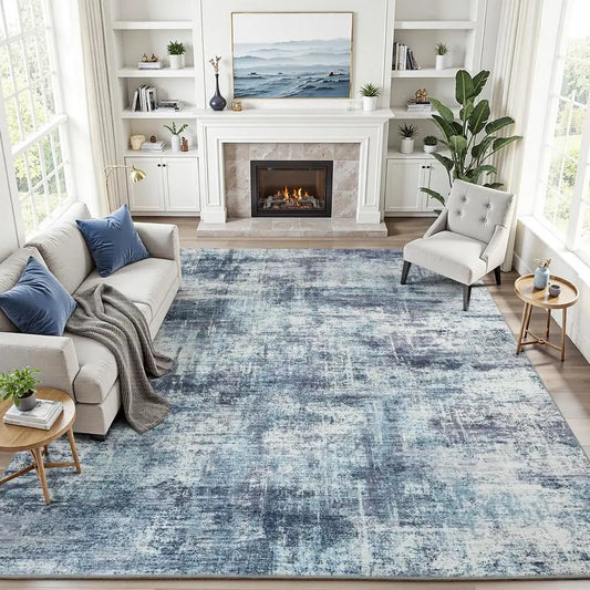 8x10 Area Rug for Living Room, Blue Abstract Large Rugs with NonSlip Backing, Neutral Modern Washable Carpet for Bedroom Dining