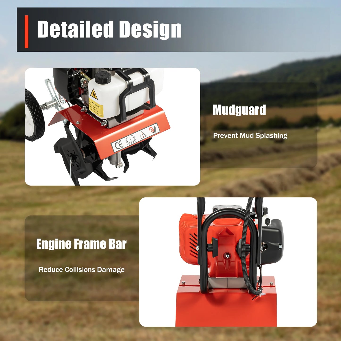 52CC 1.9KW 2-Stroke Gasoline Tiller 4 Manganese Steel Blades 11.8in Width Stock for Yard Garden