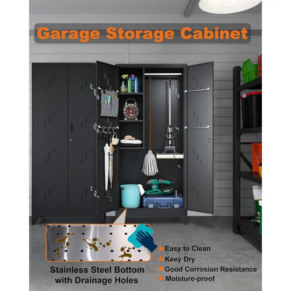 75 Heavy-Duty Metal Storage Cabinet with Lock, Hanging Rod & S-Hooks for Garage Organization