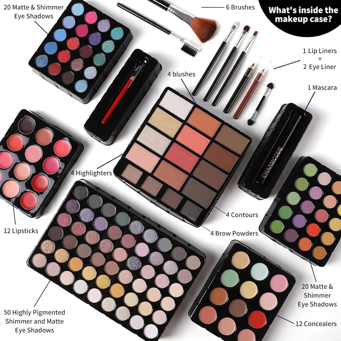 Complete Makeup Kit for Women & Girls: Eyeshadow, Lip Gloss, Concealer, Blush, Brushes & More in Black Set