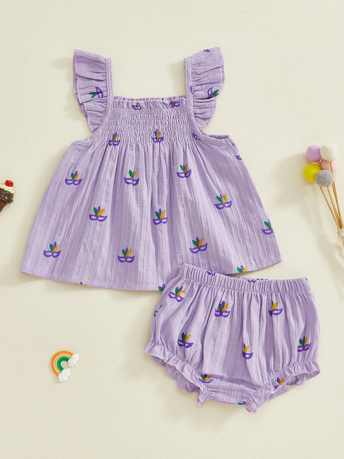 Adorable Baby Girls Outfit Stylish Mardi Gras Facewear Design Top with Matching Ruffle Shorts - 2 Piece Set for Fashionable