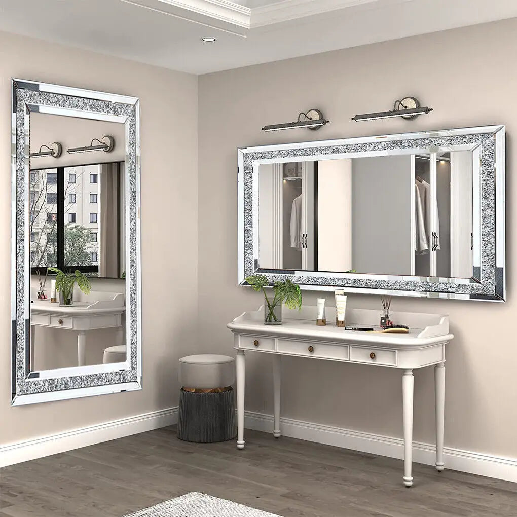 Large Silver Sparkly Crystal Rhinestone Diamond Frameless Vanity Mirrors Wall Mounted Dressing Mirror for Home/Hotel