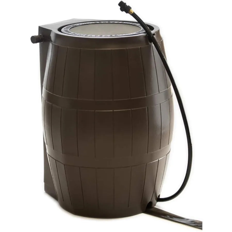 FCMP Outdoor Raincatcher 4000, Flat-Back RainRainwaterContainer w Side SpigotsMesh Screen Garden and Overflow Hose & Linking Kit
