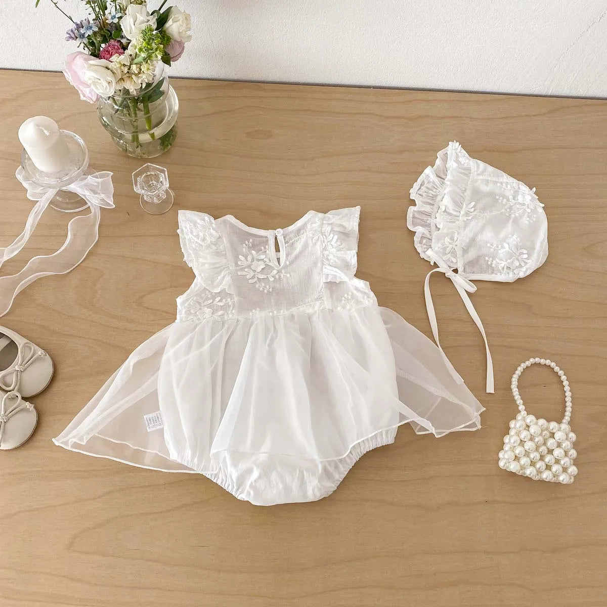 2026 0-2Y Baby Girl Clothes White Three-dimensional Floral Pattern Bodysuit for Toddler with Baby Cap 2PCS