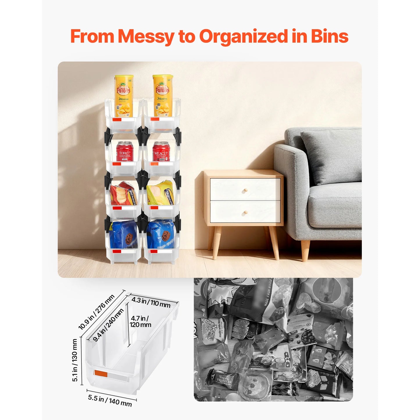SucceBuy 8 Pack Plastic Stackable Boxes Storage Bins Transparent/Black Small Parts Containers for Closet Accessories Organizing