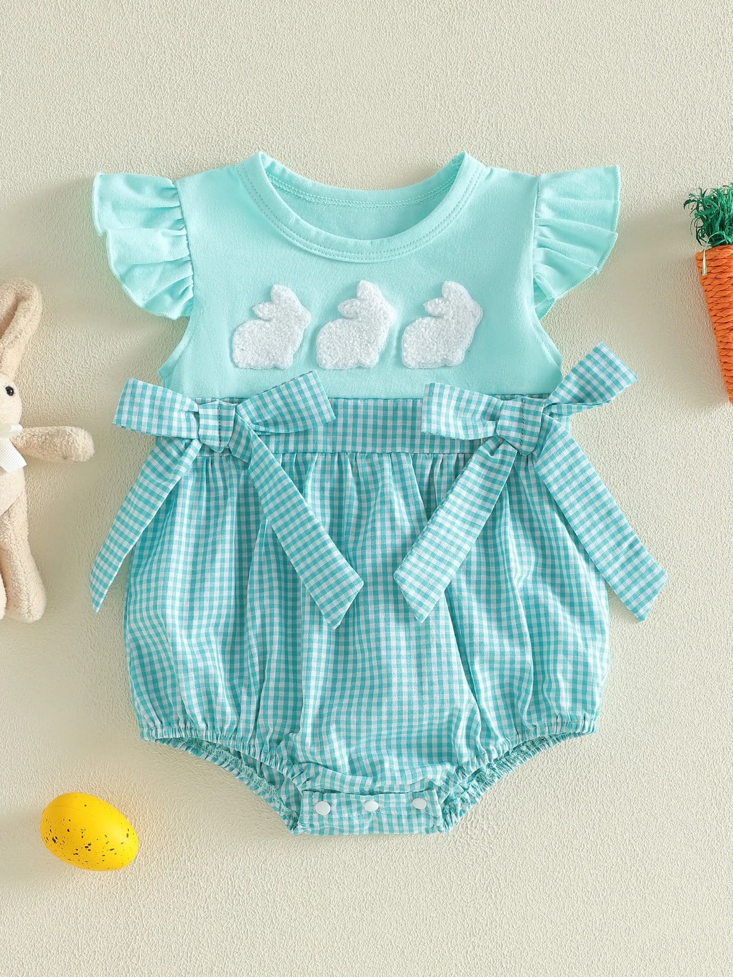 Toddler Girl Floral Ruffle Sleeve Romper with Bunny Embroidery and Bow Detail Adorable Easter Outfit for Spring and Summer