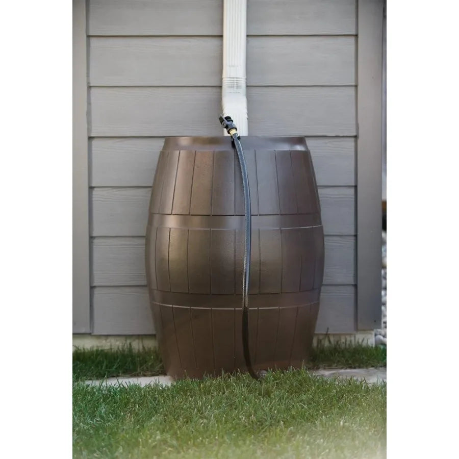 FCMP Outdoor Raincatcher 4000, Flat-Back RainRainwaterContainer w Side SpigotsMesh Screen Garden and Overflow Hose & Linking Kit