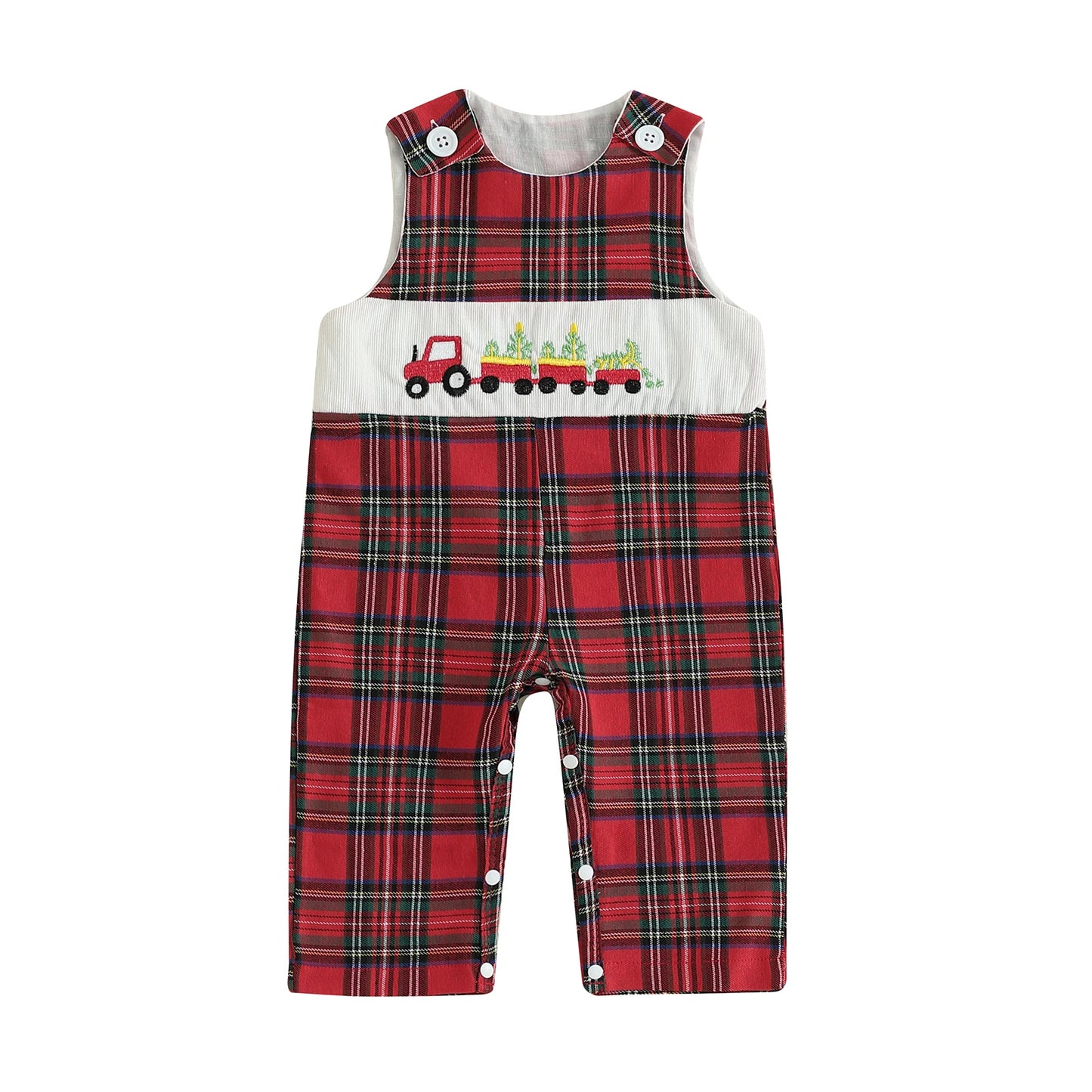 Baby Boy Christmas Romper Loose Fit Embroidered Plaid Crew Neck Sleeveless Infant Boy Jumpsuit