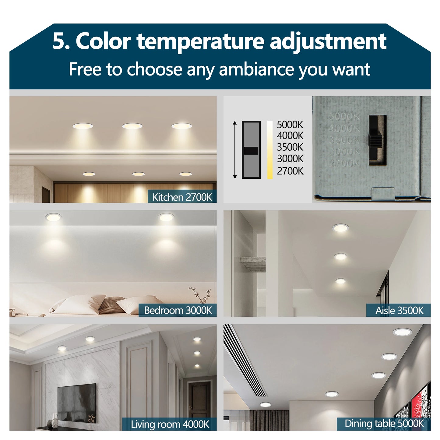 12-Pack LED Recessed Lights with Junction Box, Dimmable Downlights, 3000K-5000K Adjustable Color, Energy-Efficient Ceiling Light