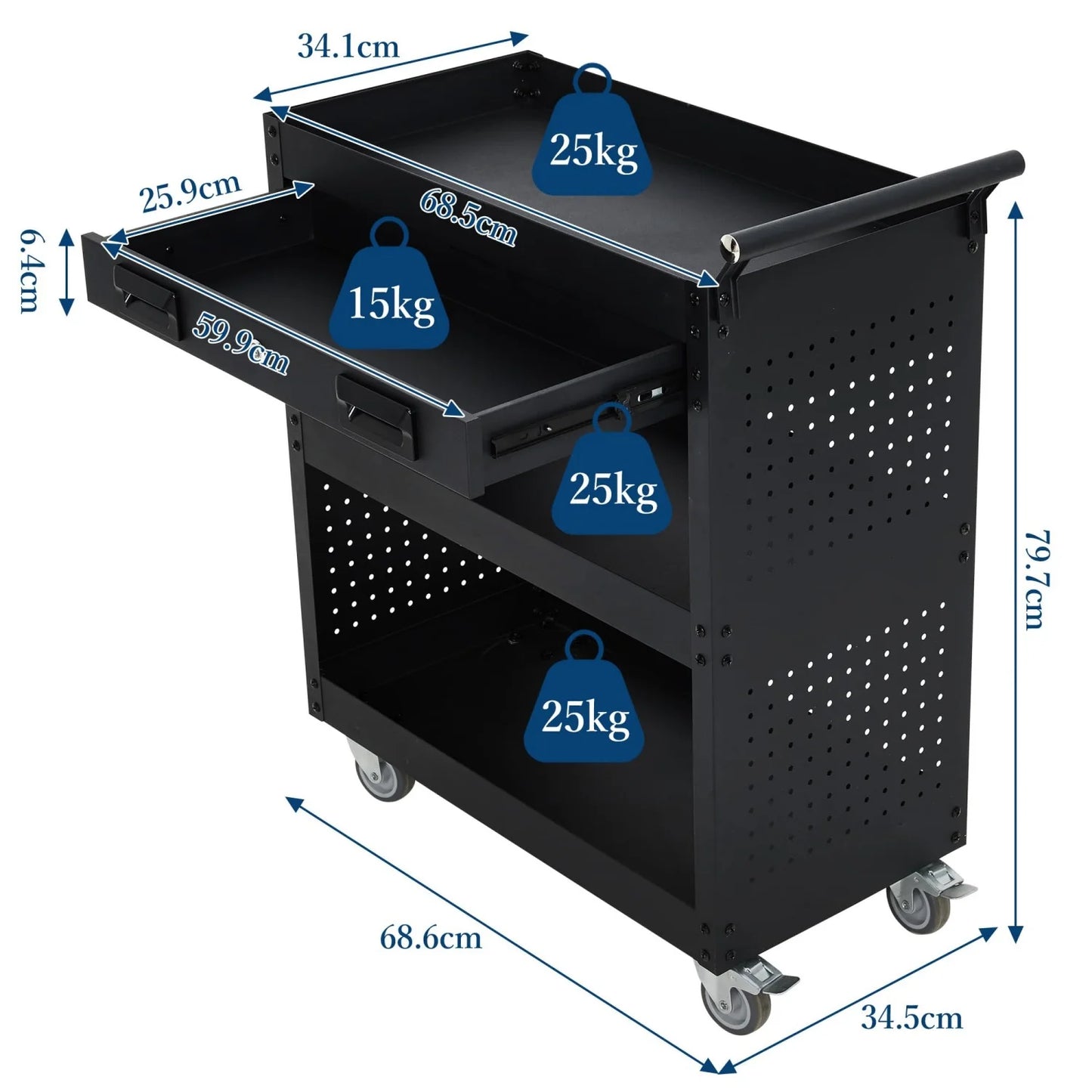 Mobile Steel Tool Cabinet – 4-Tier Storage Wagon with Lockable Drawers, Pegboard, Casters, Garage Organization Solution