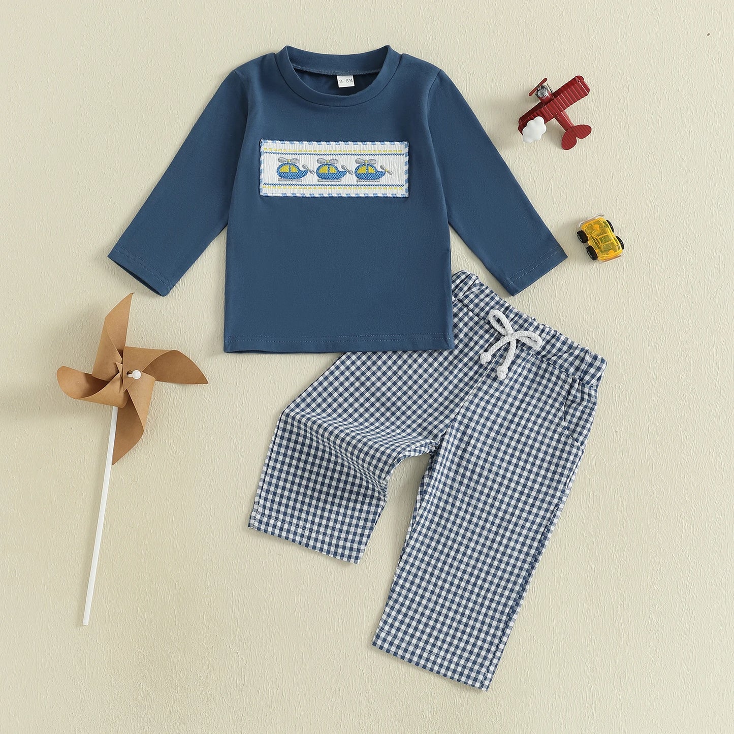 Cute Toddler Boy Autumn Outfit with Airplane and Boat Embroidery Long Sleeve Pullover and Plaid Pants with Elastic Waist