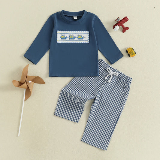 Cute Toddler Boy Autumn Outfit with Airplane and Boat Embroidery Long Sleeve Pullover and Plaid Pants with Elastic Waist