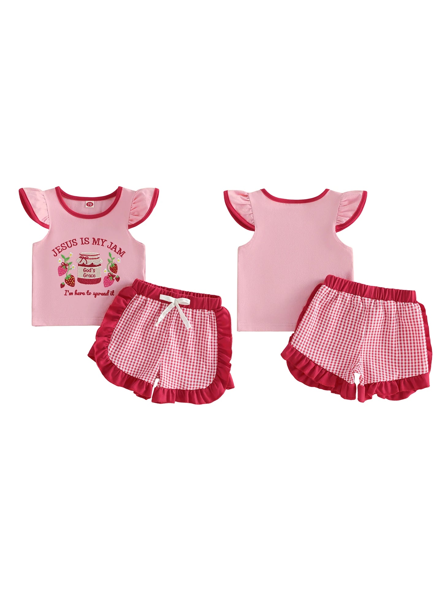 Adorable Infant Girl s Summer Ensemble with Cute Strawberry Embroidered Flutter Sleeve Blouse and Plaid Shorts with Ruffle