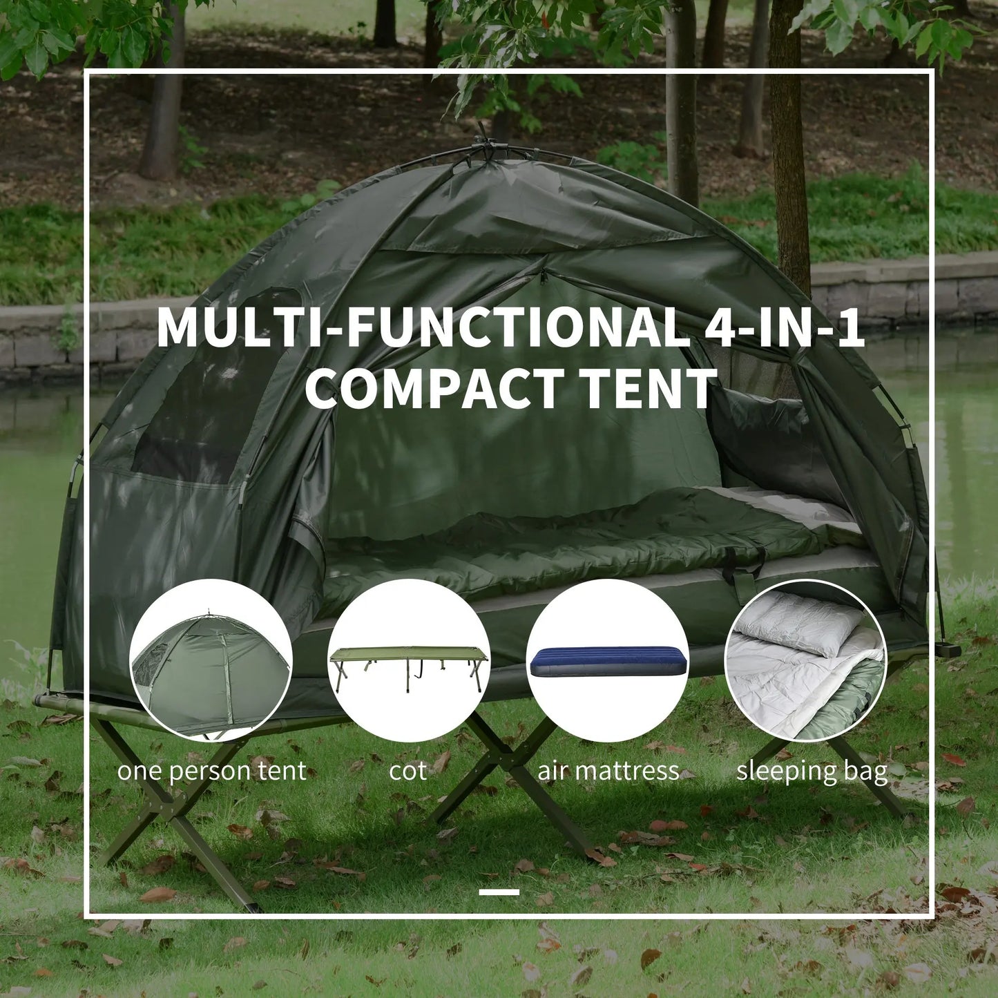 All in One Camping Tent Cot Combo with Air Mattress Sleeping Bag Pump 225lbs Capacity Portable Outdoor Gear Set for Backpacking