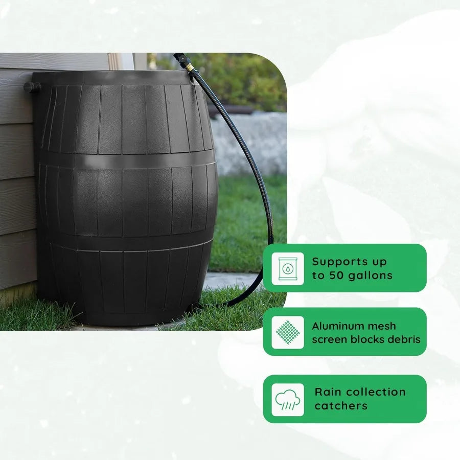 FCMP Outdoor Raincatcher 4000, Flat-Back RainRainwaterContainer w Side SpigotsMesh Screen Garden and Overflow Hose & Linking Kit