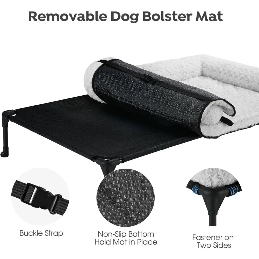 veehoo cooling elevated dog bed add removable deluxe rose plush bolster cushion mat, 41" x 27" washable dog couch bed, raised pe